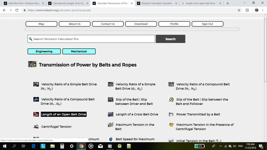 The Calculator Encyclopedia Calculates the Length of An Open Belt Drive in the Transmission of Power by Belts and Ropes