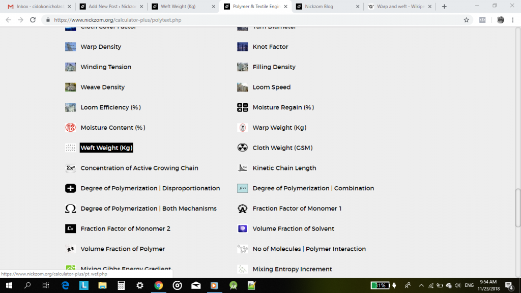 Nickzom Calculator Calculates Weft Weight in Polymer and Textile Engineering - The Calculator Encyclopedia