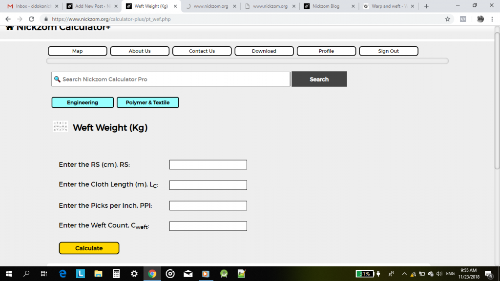 Nickzom Calculator Calculates Weft Weight in Polymer and Textile Engineering - The Calculator Encyclopedia