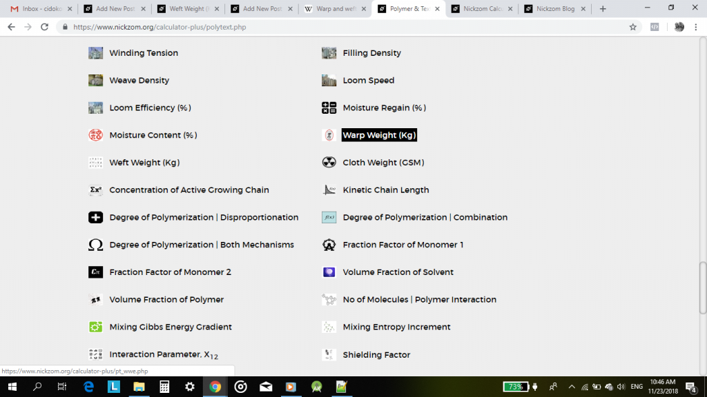 Nickzom Calculator Calculates Warp Weight in Polymer and Textile Engineering - The Calculator Encyclopedia