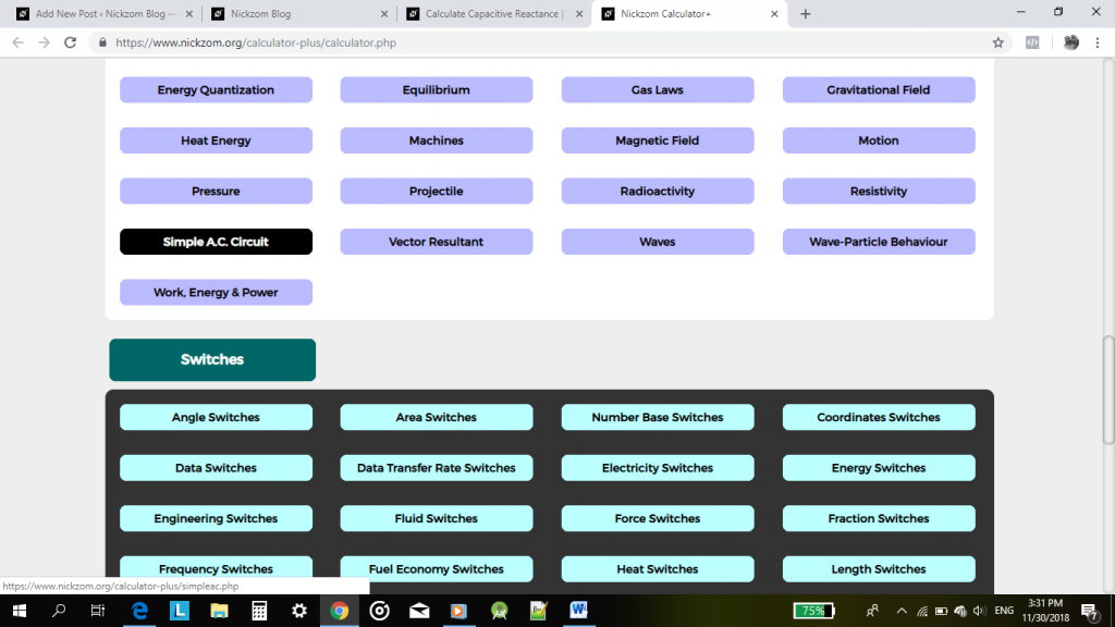 Nickzom Calculator Calculates the Capacitive Reactance of a Simple AC Circuit