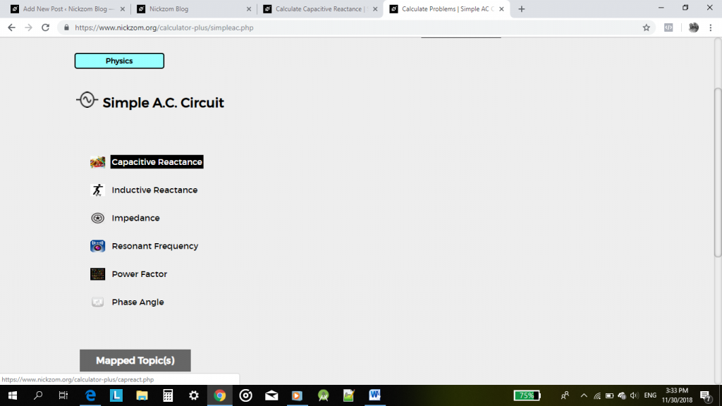 Nickzom Calculator Calculates the Capacitive Reactance of a Simple AC Circuit