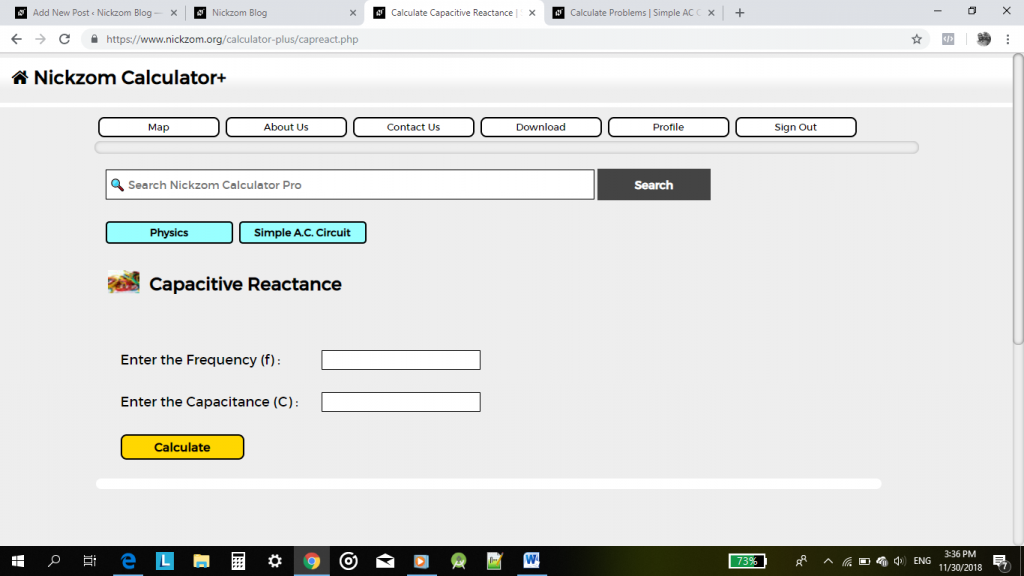 Nickzom Calculator Calculates the Capacitive Reactance of a Simple AC Circuit