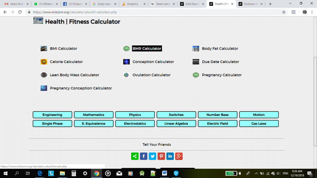 Nickzom Calculator Calculates Basal Metabolic Rate