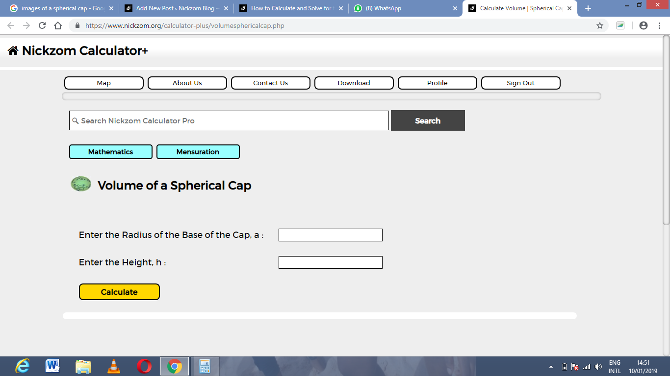 How to Calculate and Solve for the Volume of a Spherical Cap | Nickzom Calculator