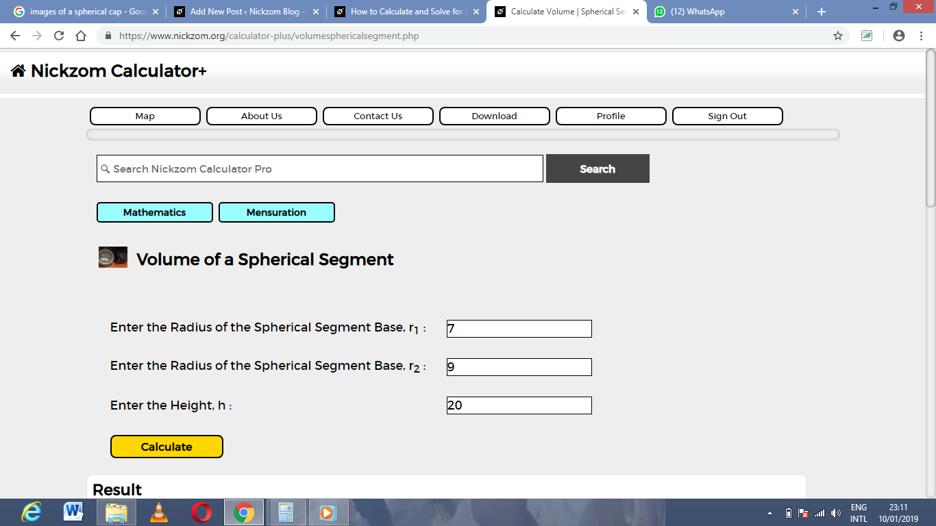 How to Calculate and Solve for the Volume of a Spherical Segment | Nickzom Calculator