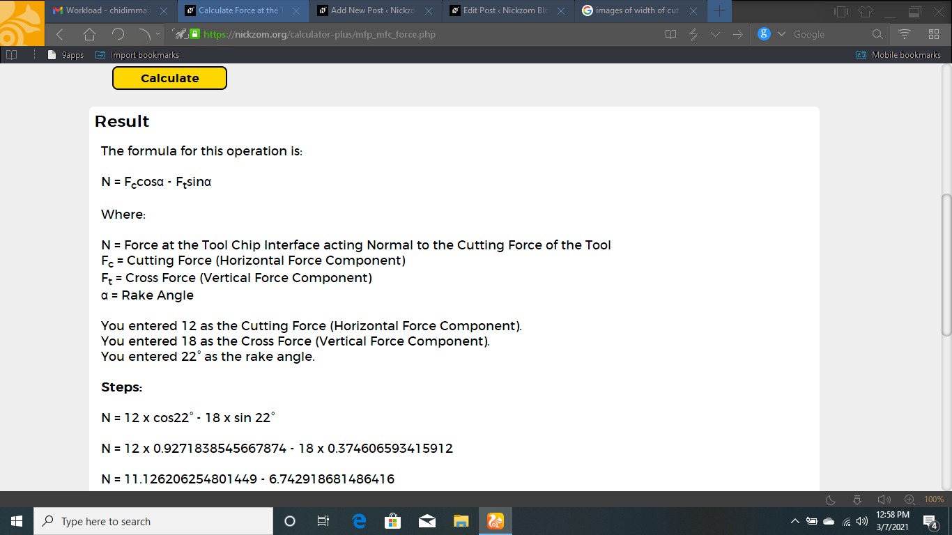 How to Calculate and Solve for Force at the Tool Chip Interface acting Normal to the Cutting Force of the Tool | Merchant Force Circle