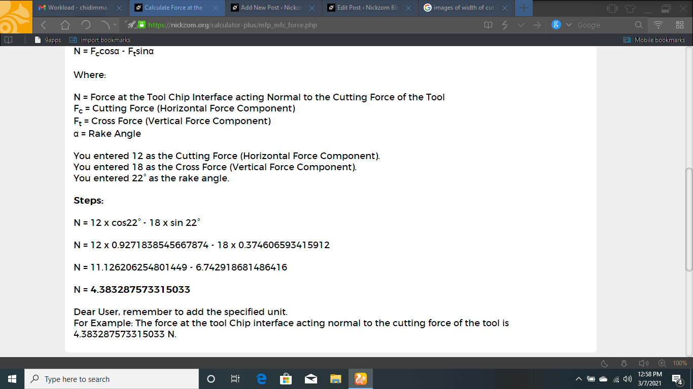 How to Calculate and Solve for Force at the Tool Chip Interface acting Normal to the Cutting Force of the Tool | Merchant Force Circle
