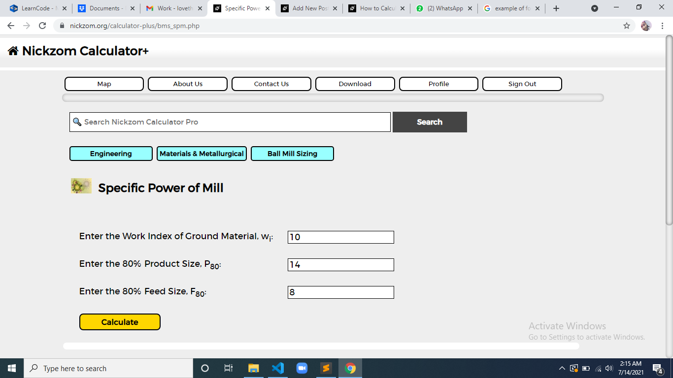 How to Calculate and Solve for Specific Power of Mill | Ball Mill Sizing