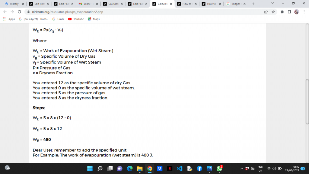 How to Calculate and Solve for Work of Evapouration (wet steam) | Enthalpy
