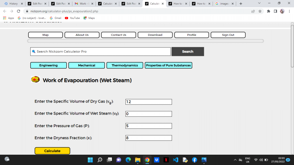 How to Calculate and Solve for Work of Evapouration (wet steam) | Enthalpy