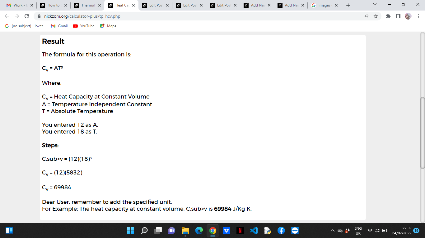 How to Calculate and Solve for Heat capacity at Constant Volume | Thermal Properties