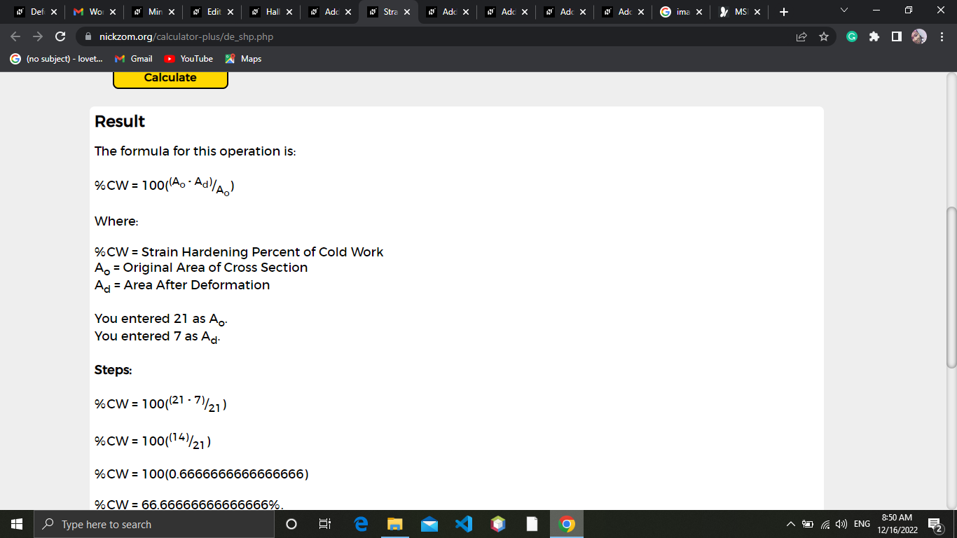 How to Calculate and Solve for Strain Hardening Percent of Cold Work | Deformation