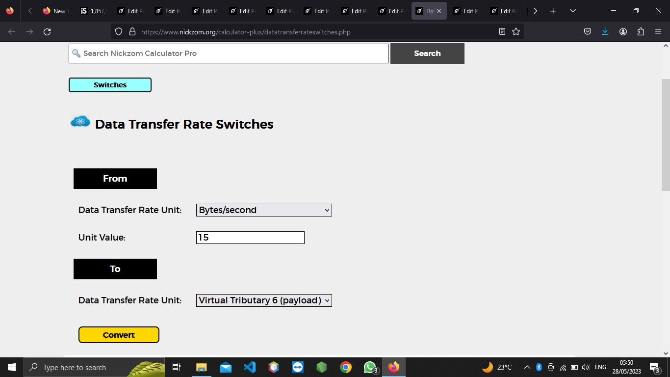 How to Convert Bytes/second to Virtual Tributary 6 (payload) | Data Transfer Rate Units
